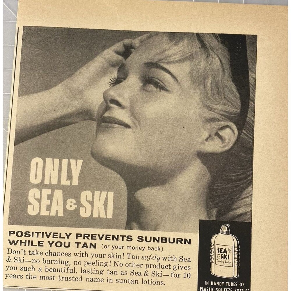 Sea & Ski Tanning Lotion "Prevents Sunburn While You Tan" Vintage Print Ad 1950s